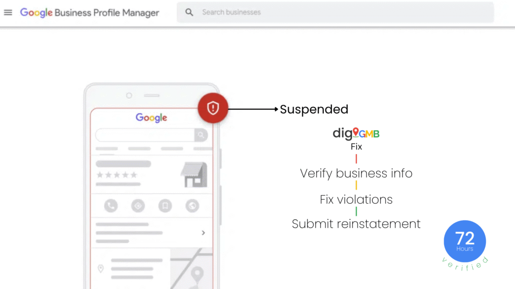 Suspended Google Business Profile for a Houston plumbing company showing red warning alert and missing photos
